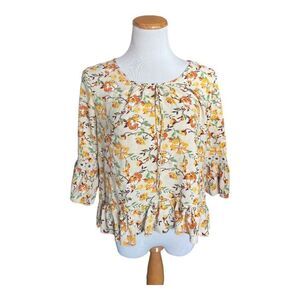Womens Unique Spectrum Floral Crocheted Hem Peplum Top - Sz L